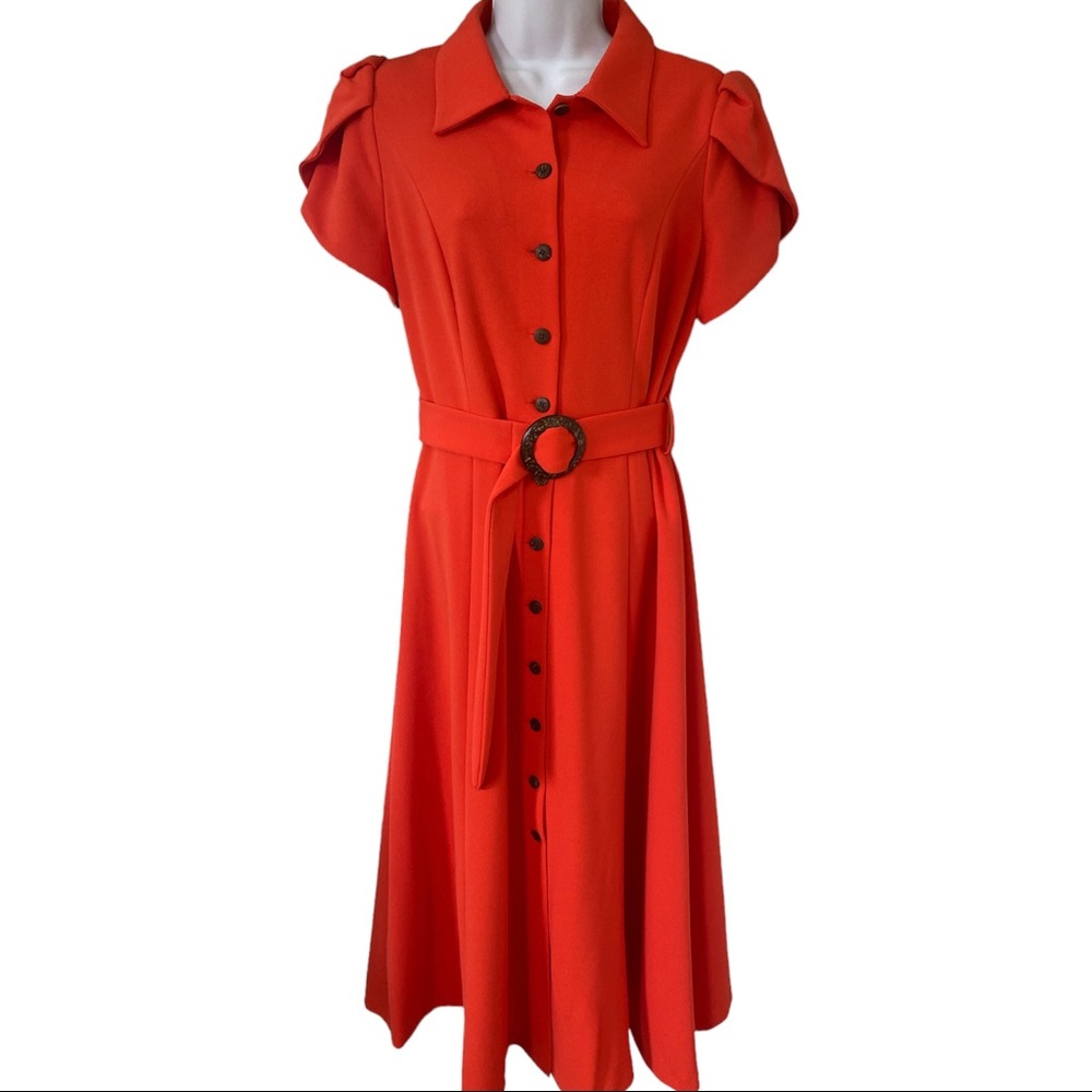 Calvin Klein Orange Button-Front Midi Dress with Belt - Picture 2 of 4
